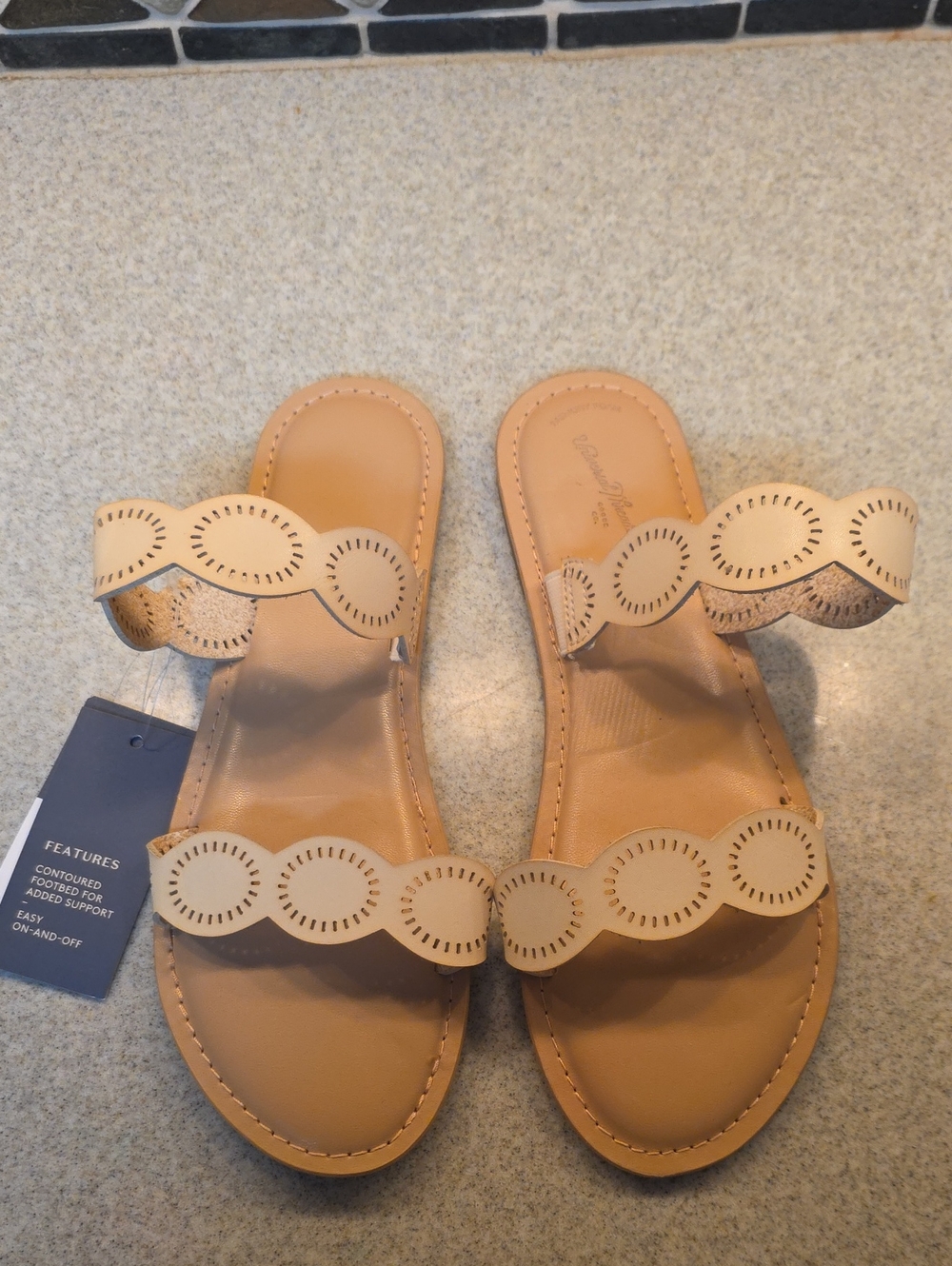 Women’s Beige Scalloped Double Strap Slide Sandals